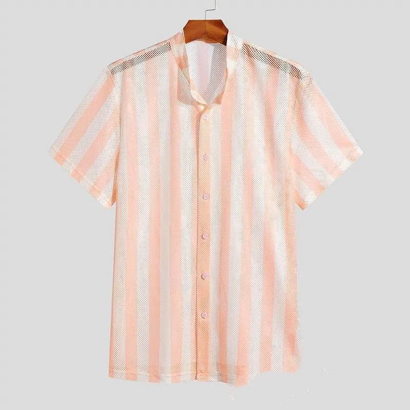 Pink men's short-sleeve waffle-knit shirt with a loose cardigan style on a hanger.