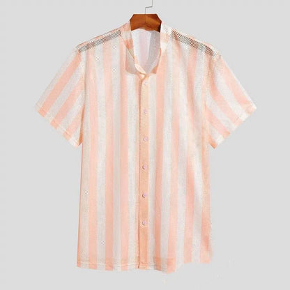 Pink men's short-sleeve waffle-knit shirt with a loose cardigan style on a hanger.