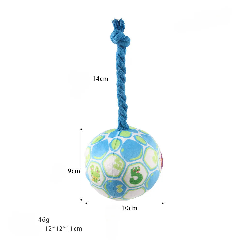 Cotton rope elastic football dog toy in bright cartoon colours for chewing and interactive play