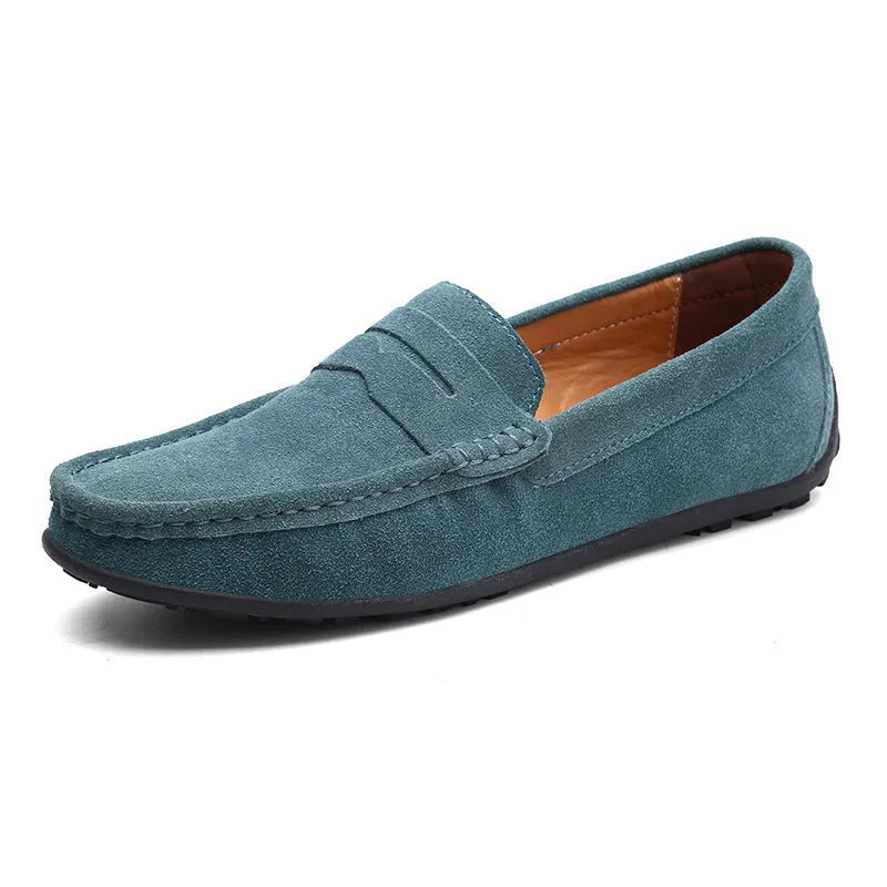 Men's suede casual loafers in brown with a round toe and rubber sole, shown in a UK plus size.