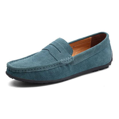 Men's suede casual loafers in brown with a round toe and rubber sole, shown in a UK plus size.