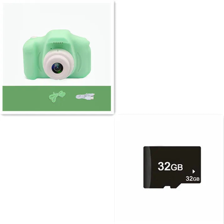 X2 HD mini digital camera for kids in silicone case with lanyard, shown capturing photo on 2-inch screen.