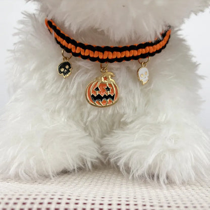 Halloween pet collar decoration with zinc alloy charms in pumpkin bat design on a black collar