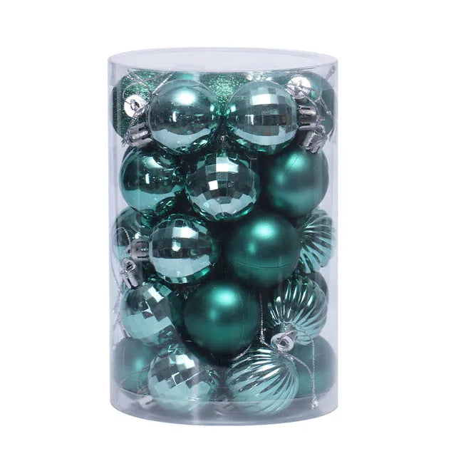 Assortment of 34 round 4cm plastic Christmas baubles in gold, silver, red, blue, and other colours.