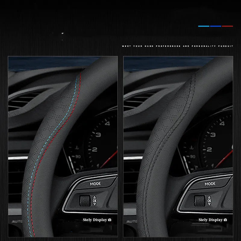 Black universal car steering wheel cover with a Napa leather texture and a two-colour line design, showing a 38cm diameter.
