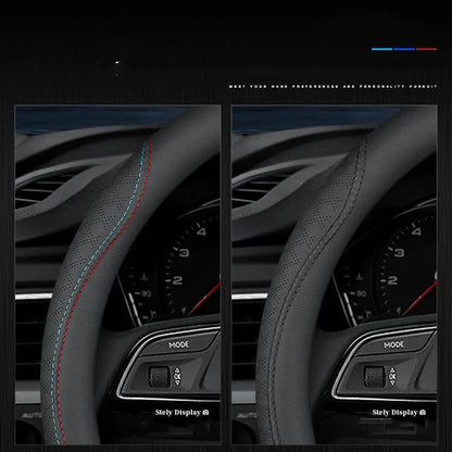 Black universal car steering wheel cover with a Napa leather texture and a two-colour line design, showing a 38cm diameter.