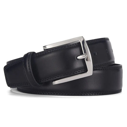 Men's genuine leather belt with pin buckle in black and brown colour options showing length measurements