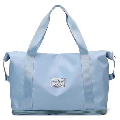 Spacious gym travel bag in various colors, featuring multiple pockets and comfortable carrying handles for workout, yoga, and outdoor use.
