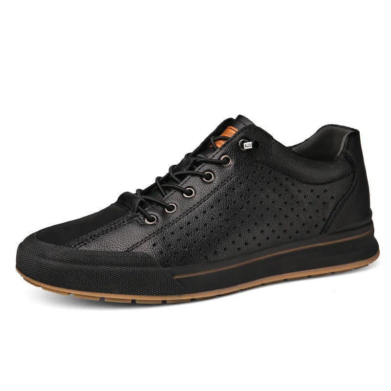 Men's white matte leather casual shoes with a round toe and flat 6cm heel on a plain background.