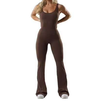 Women's tight Milk Silk yoga bodysuit in seamless hollow design with chest pad, shown in a trousers-length mid-waist fit.