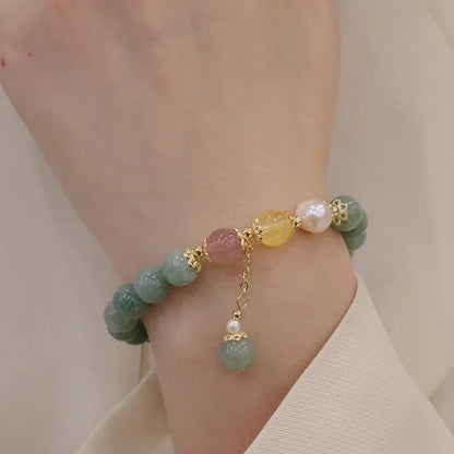 Hanfu style women's Myanmar jade bracelet with geometric design and pearl decorative elements