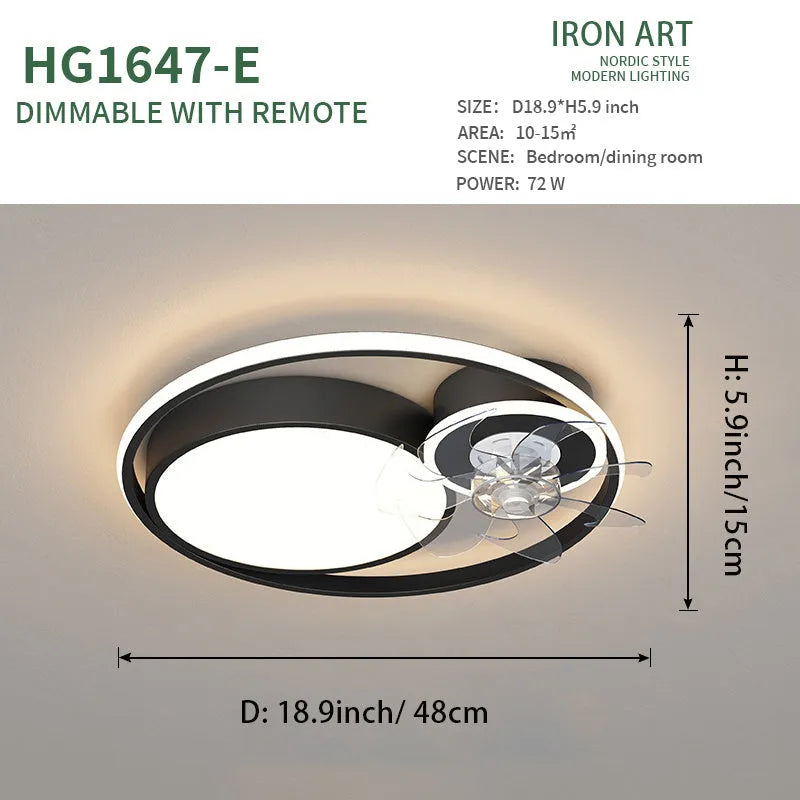 Nordic style ceiling fan with integrated light, 48cm diameter, in black or gold finish with metal blades.