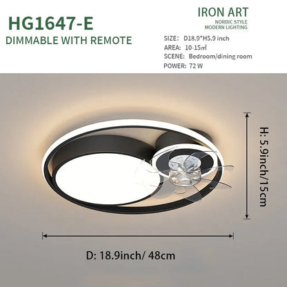 Nordic style ceiling fan with integrated light, 48cm diameter, in black or gold finish with metal blades.