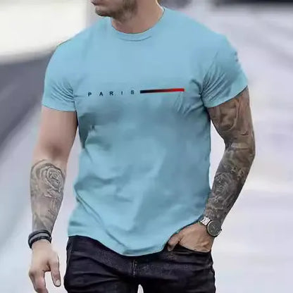 Men's slim fit 3D printed mesh top in a light colour on a hanger, showing short sleeves and patterned fabric.