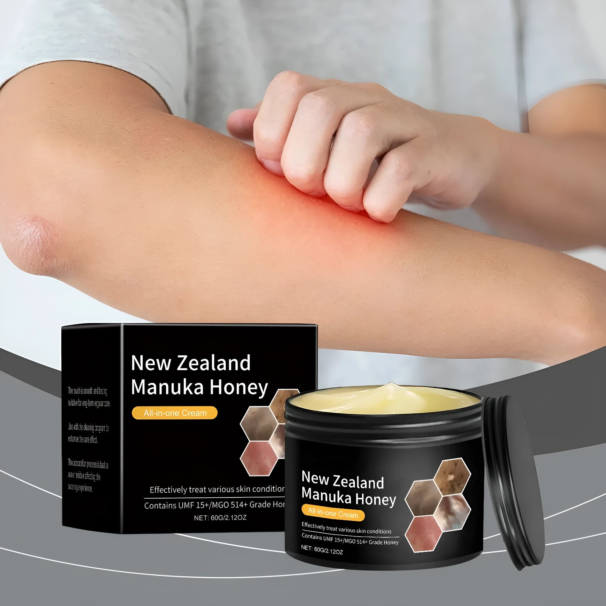60g eczema repair cream container with honey and mint leaves formulation