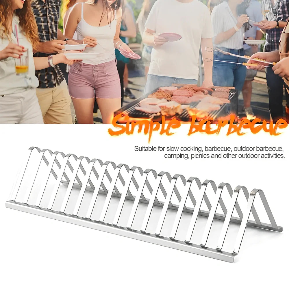 Silver stainless steel barbecue rib rack, 31cm long, elevated design for even grilling of multiple meats