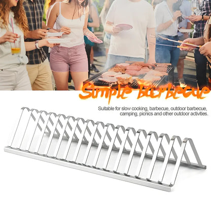 Silver stainless steel barbecue rib rack, 31cm long, elevated design for even grilling of multiple meats