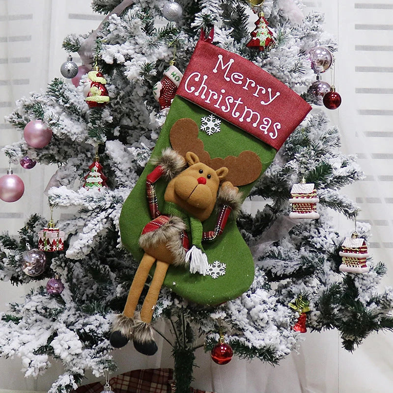 Cozy Christmas stockings with 3D appliqué designs of Santa, Snowman, and Reindeer characters