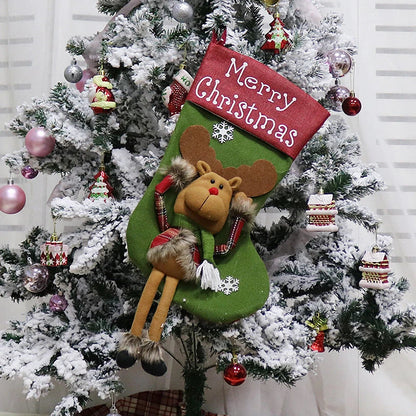 Cozy Christmas stockings with 3D appliqué designs of Santa, Snowman, and Reindeer characters