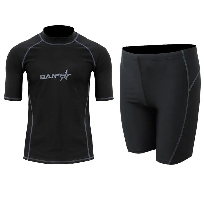 Men's quick-dry swimsuit set with swim top and pants for snorkelling and surfing activities