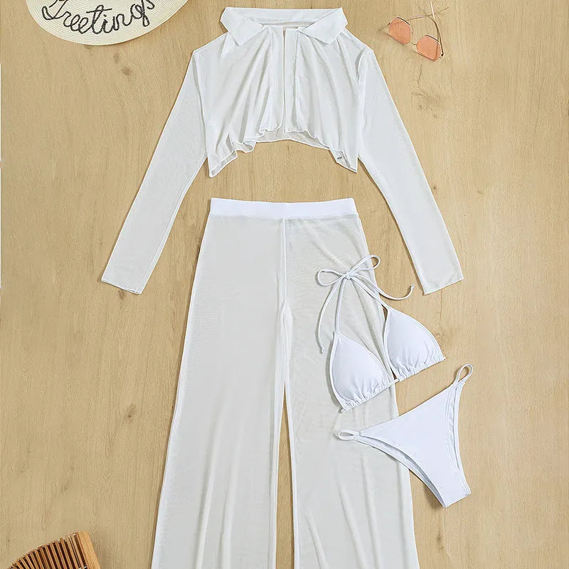 White women's four-piece swimsuit set with high-waist trousers and backless design
