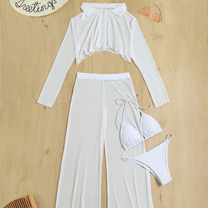 White women's four-piece swimsuit set with high-waist trousers and backless design