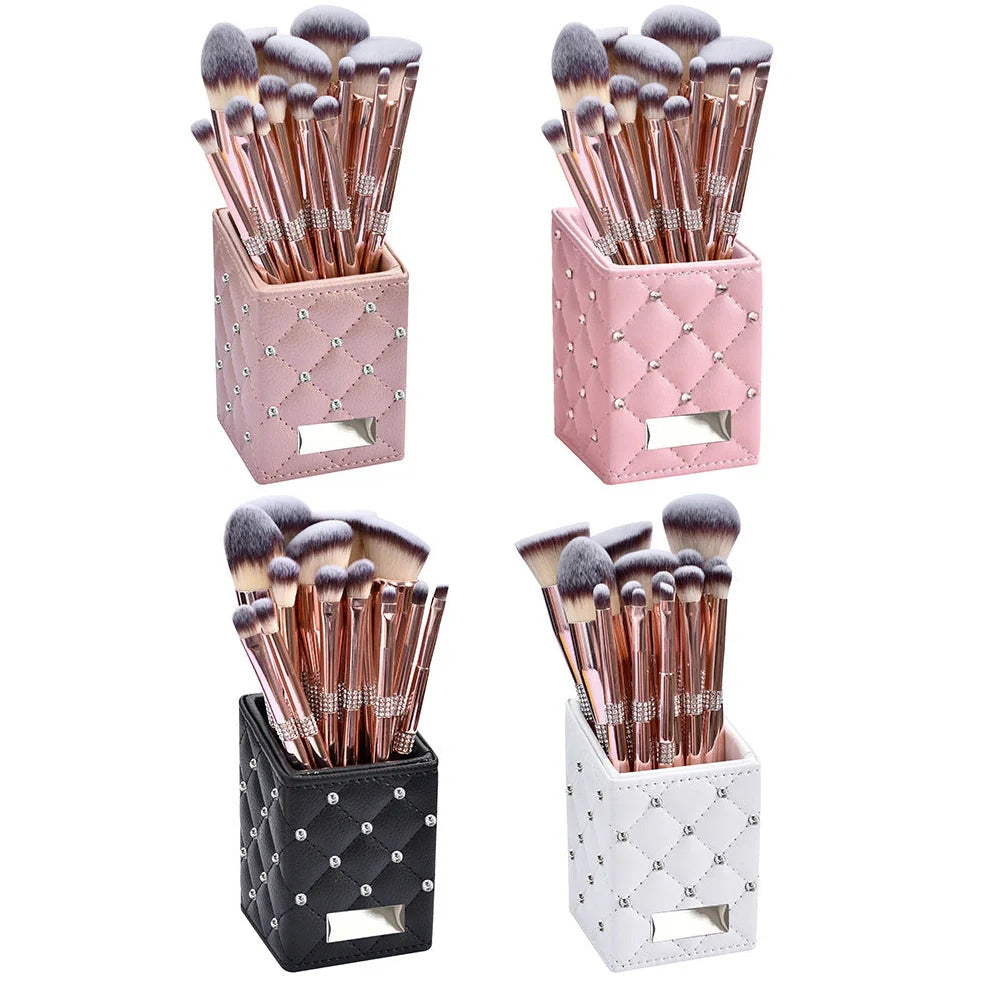 Rose gold electroplated makeup brush set with 14 pieces showing 20cm length and PU storage bag
