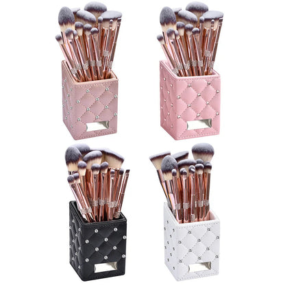 Rose gold electroplated makeup brush set with 14 pieces showing 20cm length and PU storage bag