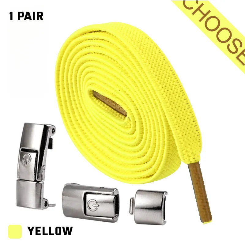 Press lock elastic shoelace with 8mm widened flat profile in assorted colours.