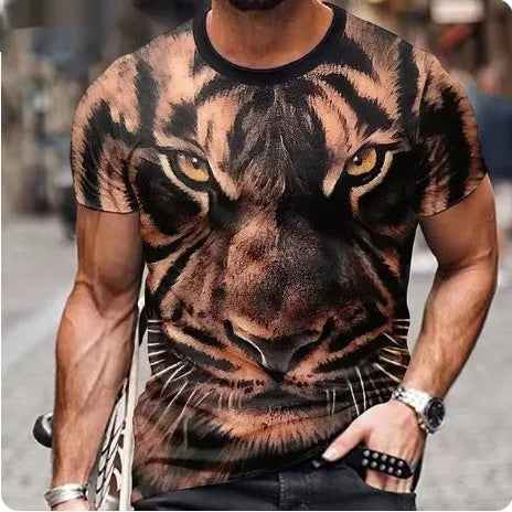 Men's black t-shirt with a fierce 3D printed lion graphic on the chest.