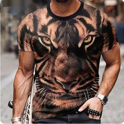 Men's black t-shirt with a fierce 3D printed lion graphic on the chest.