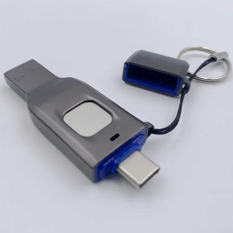 Black fingerprint encrypted USB flash drive showing USB 3.0 and Type-C interfaces on metal casing