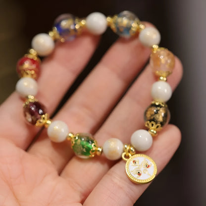 Handmade fragrant gray porcelain bracelet with five Gods of Wealth design in coloured glaze glass