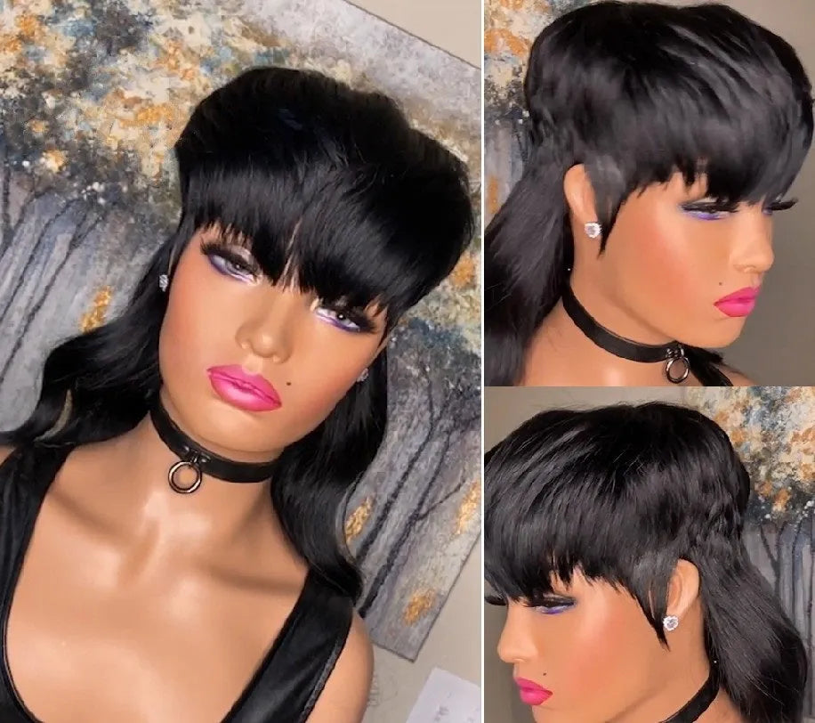 Black long synthetic Brazilian wig with short front bangs and wavy texture.