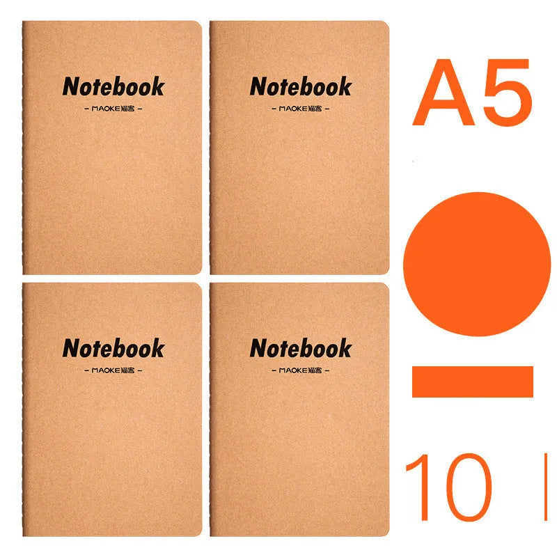 Pack of ten A5 kraft paper thread-bound notebooks with artistic cover designs lying flat.