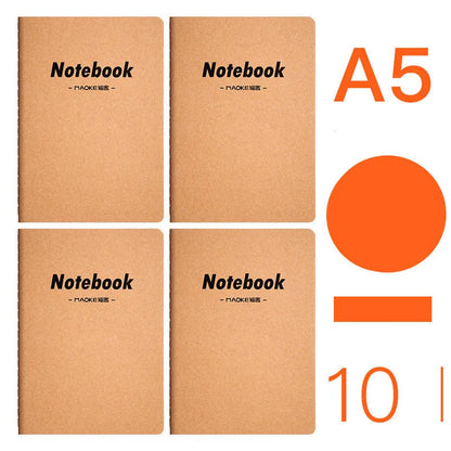 Pack of ten A5 kraft paper thread-bound notebooks with artistic cover designs lying flat.