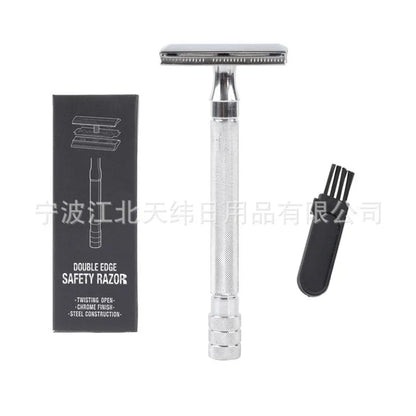 Traditional manual pogonotomy metal scraper and brush set in black or silver colour