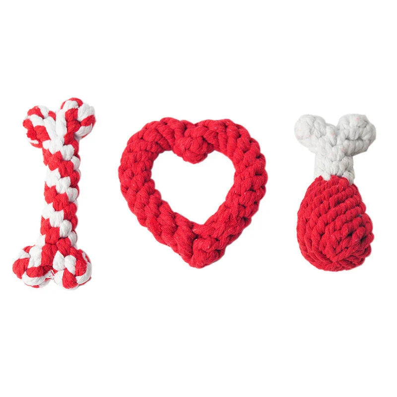 Premium cotton rope chew toys in various shapes and colors, including bones, hearts, and chicken thighs, designed for small dogs and puppies