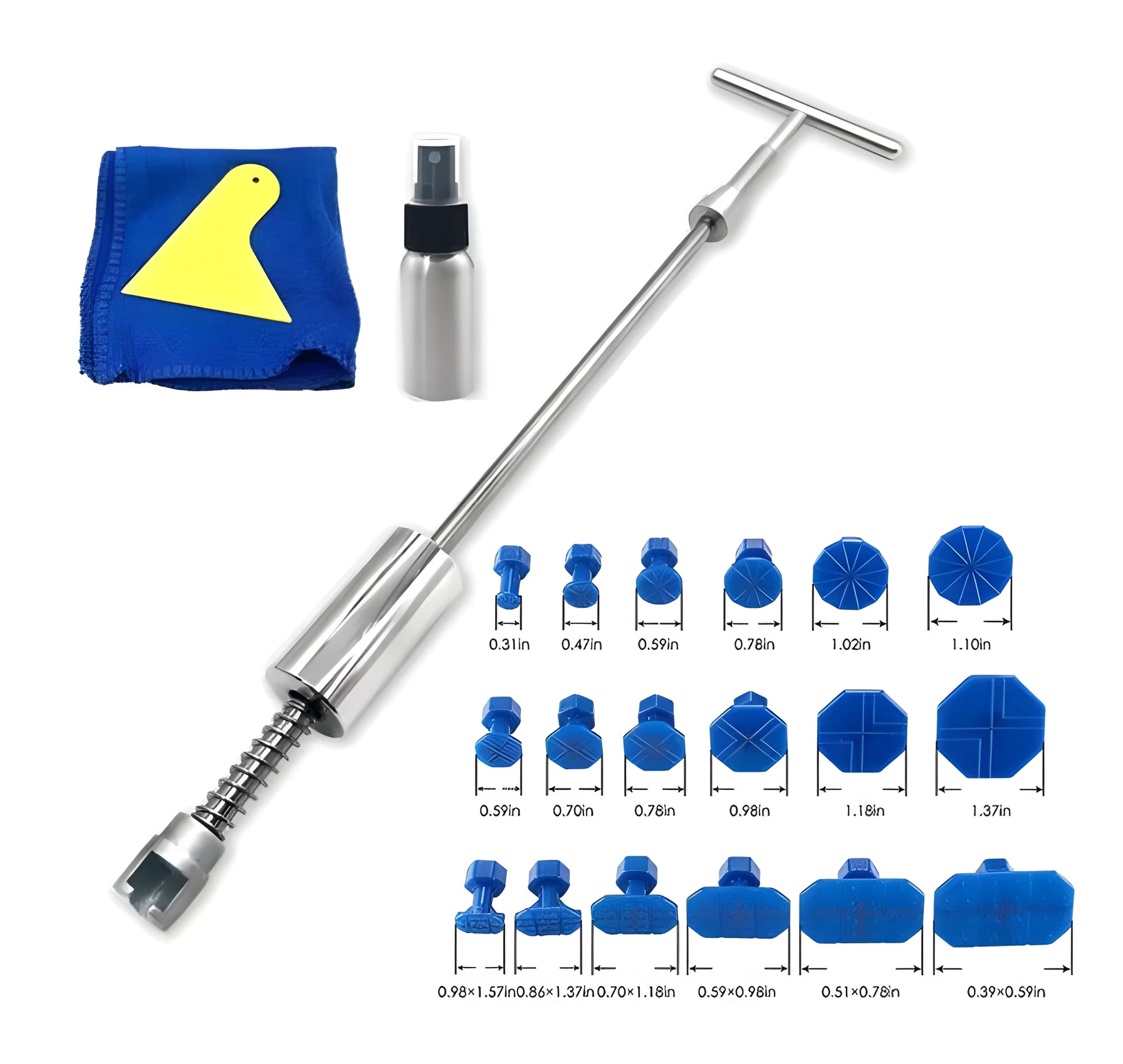 Automotive dent repair tool kit with metal T-shaped hammer and blue adhesive pullers