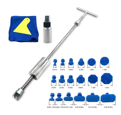 Automotive dent repair tool kit with metal T-shaped hammer and blue adhesive pullers