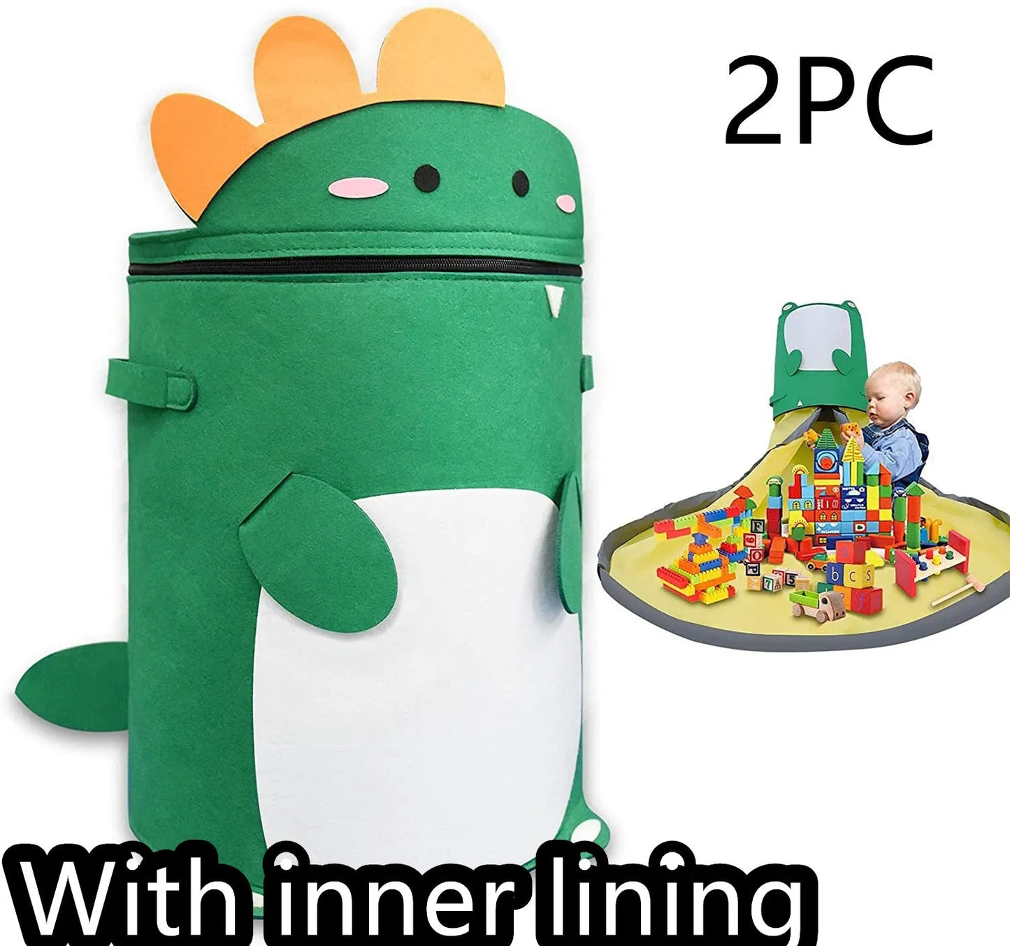 Green felt storage cube with pull rope unfolded flat to show 35cm square waterproof play mat