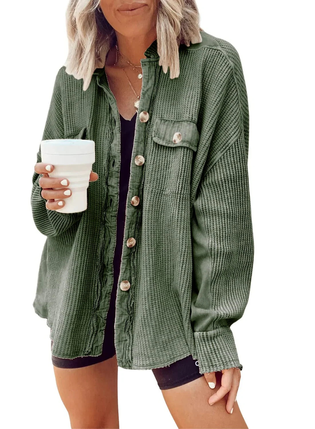 Women's lapel long sleeve button shirt jacket in various colours