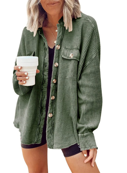 Women's lapel long sleeve button shirt jacket in various colours