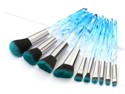10 clear crystal foundation brushes with diamond shank handles and 4.5cm artificial fibre bristles arranged in set