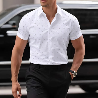 Light blue men's short-sleeved casual shirt with a floral pattern and stretch fabric.
