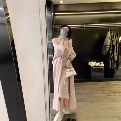 Women's knitted cardigan dress and coat suit in free size with flocked texture, available in multiple colours
