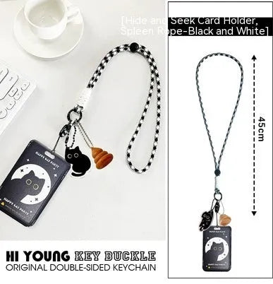 Cartoon cat design plastic card holder sleeve with a metal ferrule pendant clip attached.