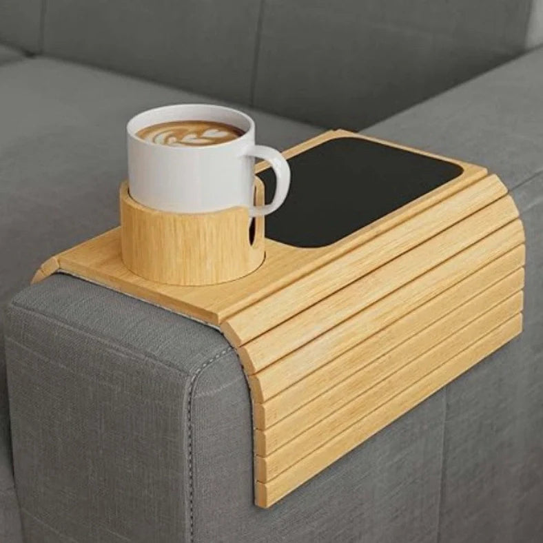 Bamboo sofa tray with cup holder on sofa, 45cm length natural wood surface