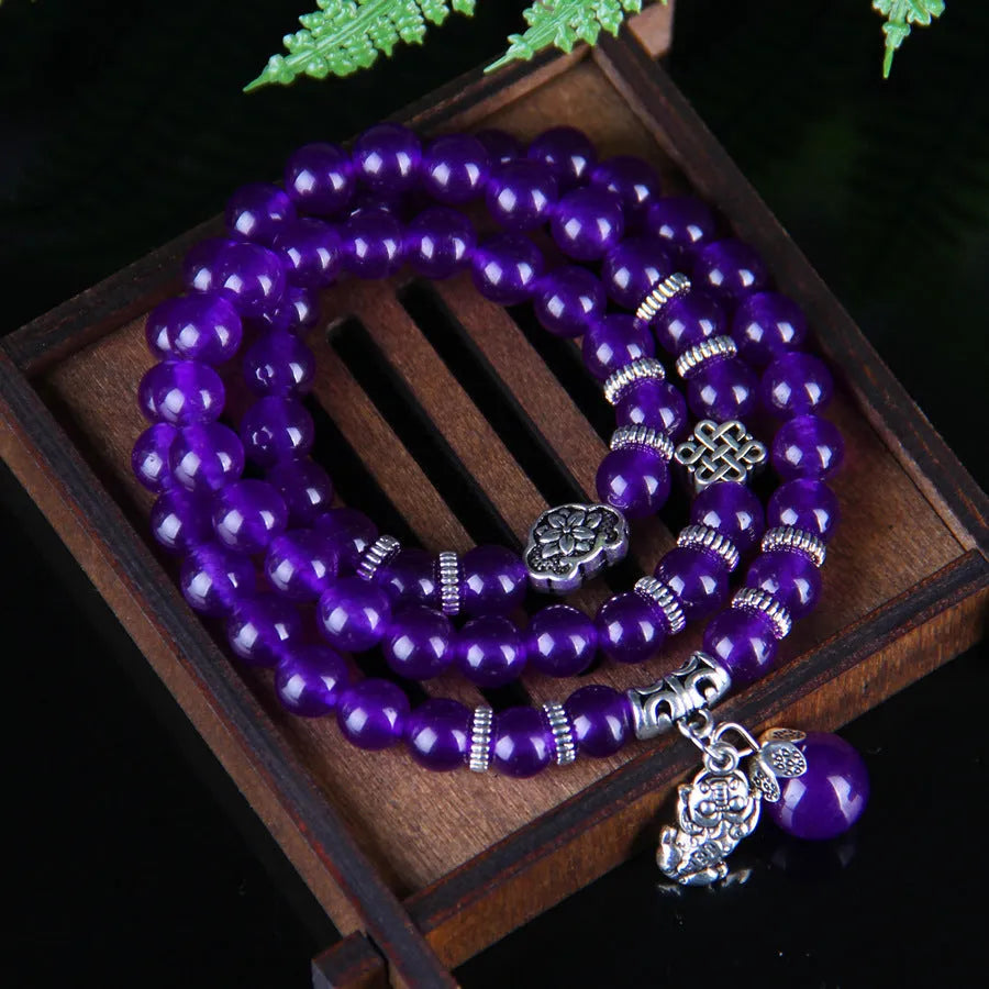 Purple chalcedony bracelet with three circles of beads in ethnic women's style