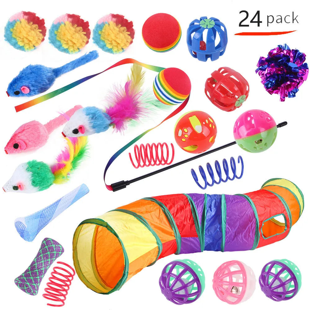 Plastic cat toy set with coloured tunnel channels and a ball for interactive indoor play.